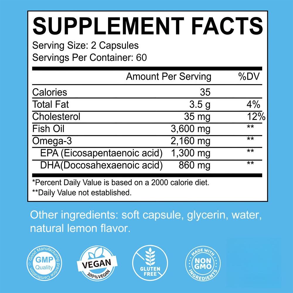 Fish Oil 3600 Mg Dietary Supplement, With Omega-3 2160 Mg, 120 Softgels Per Bottle