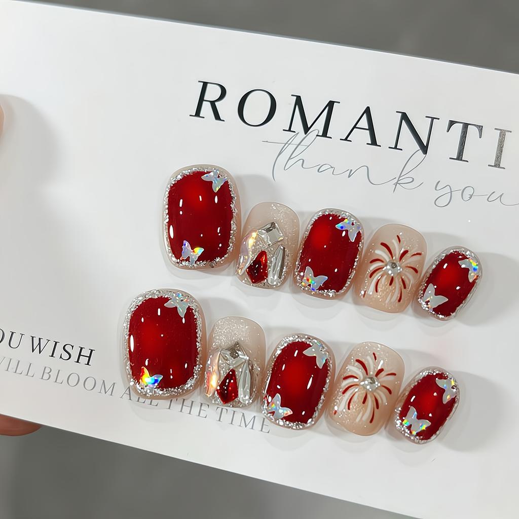 Press on Nails Artificial Acrylic Nails Glossy False Nails Full Cover Stick on Nails Square Fake Nails with Glitter Design Glue on Nails for Women