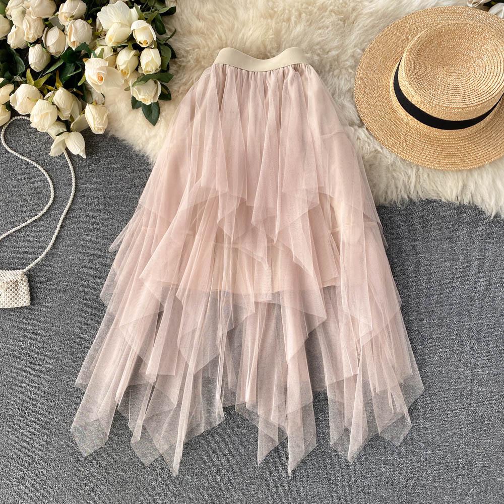 Irregular High Waist A-Line Mesh Skirt Spring And Summer Korean Cake Skirt Fluffy Skirt Fashion