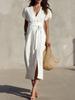 Elegant White V Neck Cap Sleeve Maxi Dress with Self Tie Belt and Side Pockets