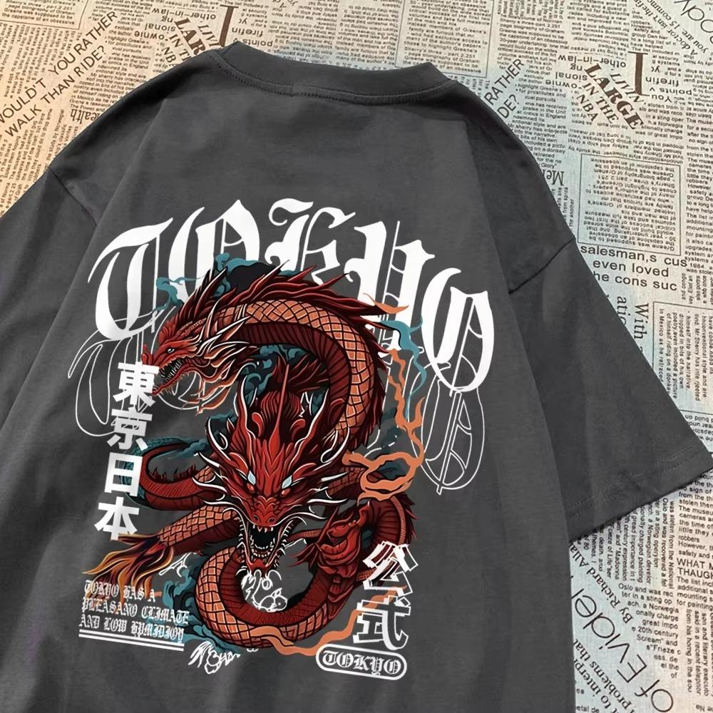 Japanese Style Tokyo Devil Dragont-Shirts Men Pattern Cotton T-Shirt Vintage Loose Clothing Personality Summer Tshirt Women