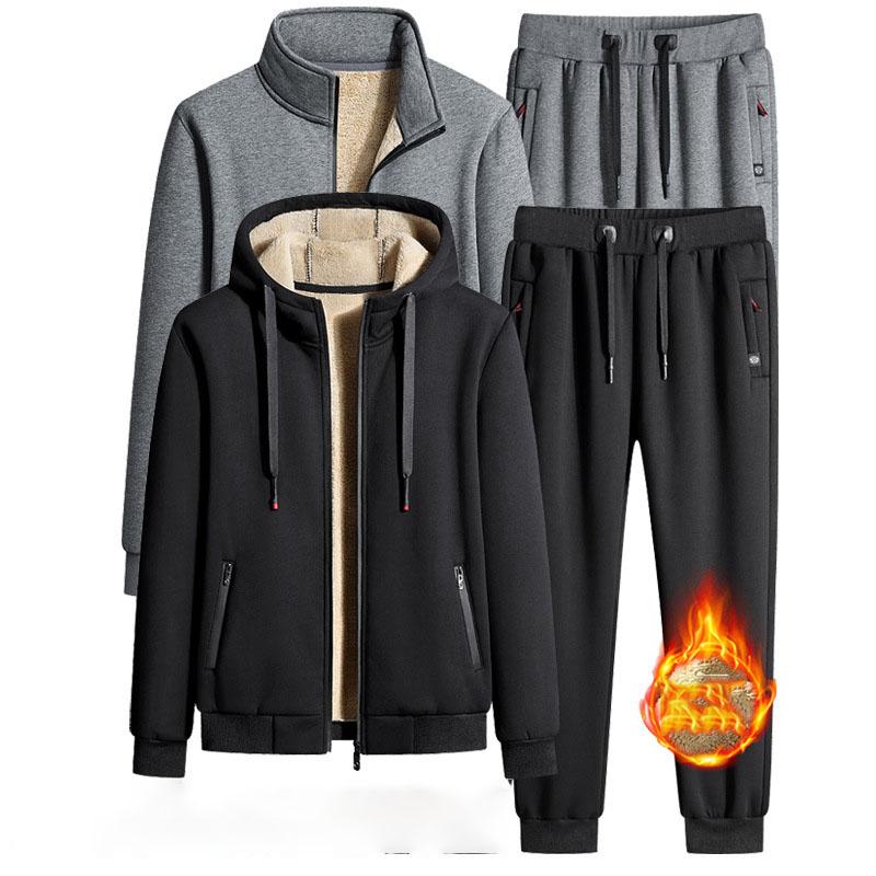 Mens Lamb Cashmere Sets Tracksuit Men Winter Wool Hooded Sweatshirt Thick Warm Sportswear Male Suit Two Piece Set Casual Sets