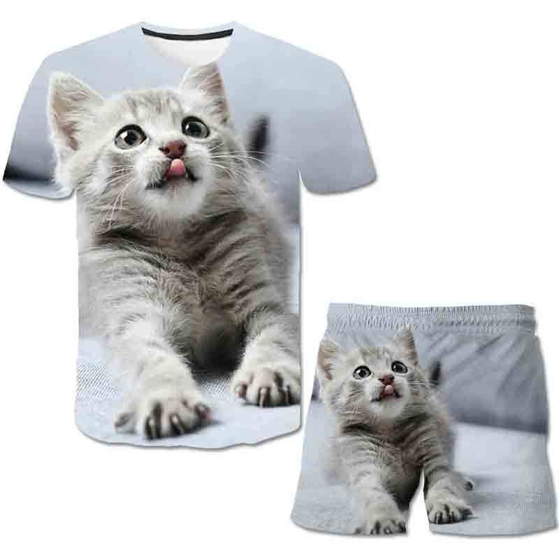 Neonati maschi Abbigliamento Animali gatto 3D T-shirt Set Estate Bambini Abbigliamento casual Set di cartoni animati per ragazzi Ragazze 1-14 anni Vestito per bambini
