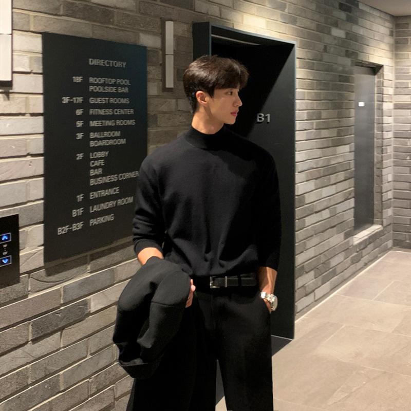 Half Turtleneck Jumper Men's Autumn and Winter Loose Trend Thickened Black Middle Collar Knitted Bottoming Shirt