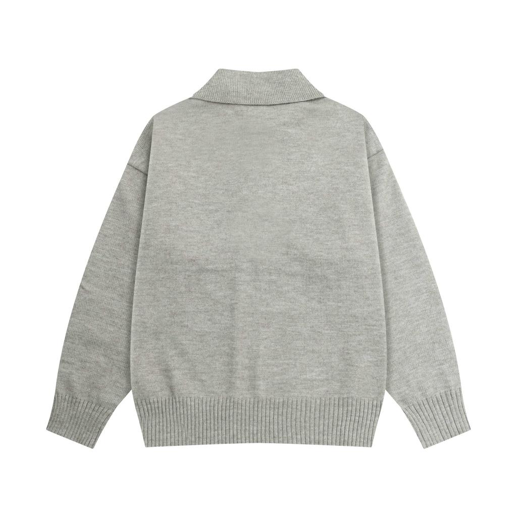 AMI White Heart-shaped Jacquard Alpaca Wool Blended Loose Sweater Polo Collar Men Pullover Sweater
