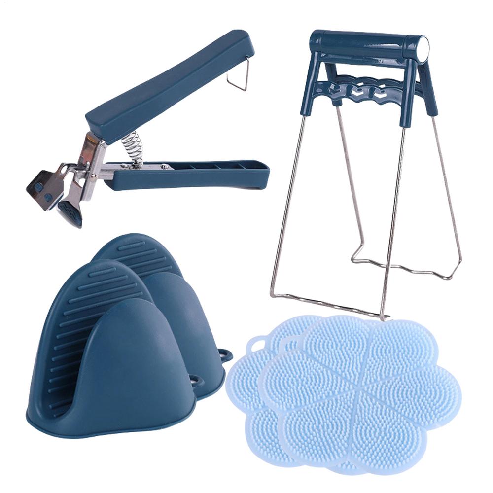 Hot Plate Grippers Non-Slip Bowl Tongs Anti-Scald Bowl Clip With Mats And Oven Gloves For Kitchen Pot Pan Dish Microwave Cooking синий