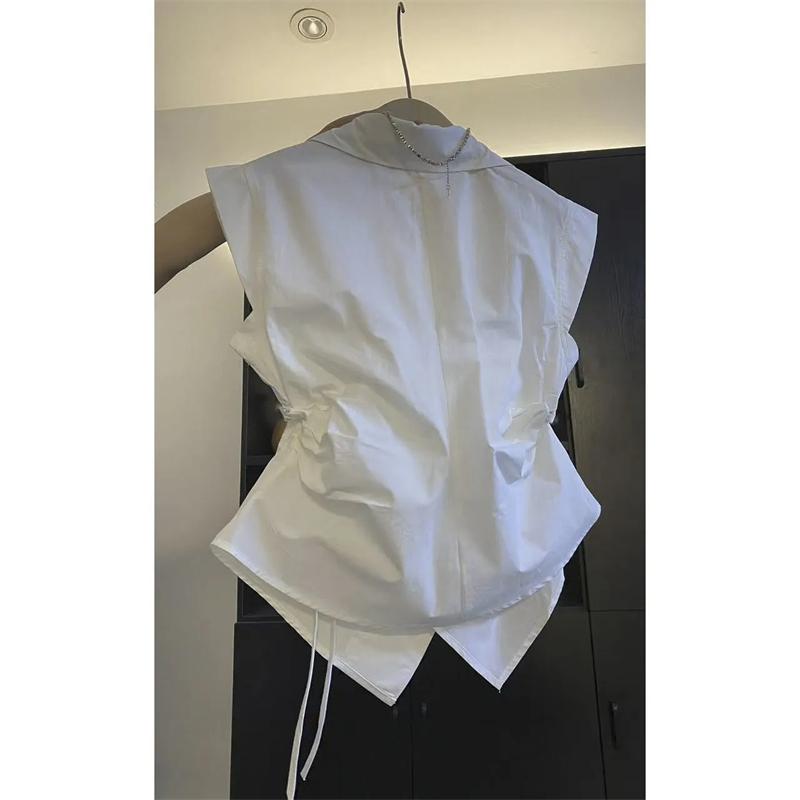 Women's Vest Coat Spring Autumn Sleeveless Collar All Match Ladies Vest Jacket Solid Color Pleated Lady Waistcoat