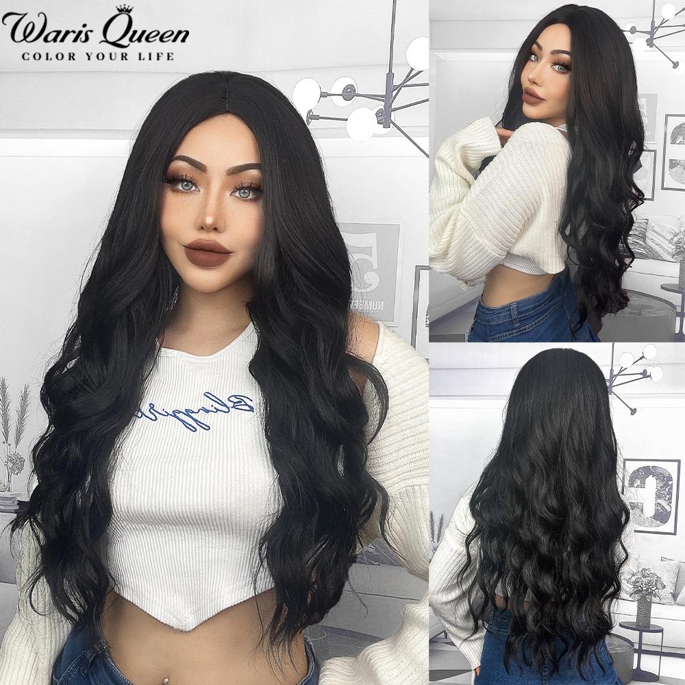 Long Wavy Black And Pink Synthetic Wig for Women With Bangs Natural Heat Resistant Part Cosplay Party Lolita Daily  Hair Wigs