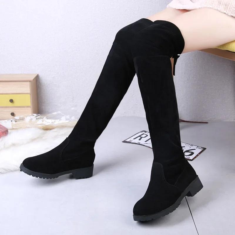 Fashion Faux Suede Female Heels Autumn Winter Elastic Knee-high Boots for Women Tube Lace-up Thigh Boots Black Botas