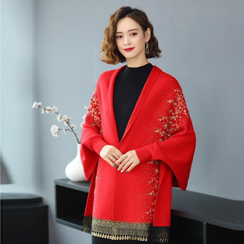 Versatile Scarf with Rhinestones for Women, Cheongsam Shawl, Imitation Cashmere, European and American Style, Hollowed-out Tassels, Thickened Cape