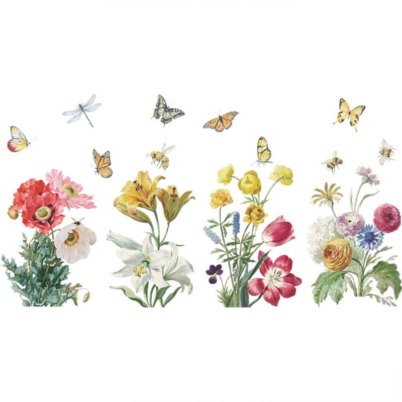 Настенная наклейка, Яркий цветок, Зеленый лист, Скопление, Цветные бабочки, Декоративная картина, Спальня 35x60cm