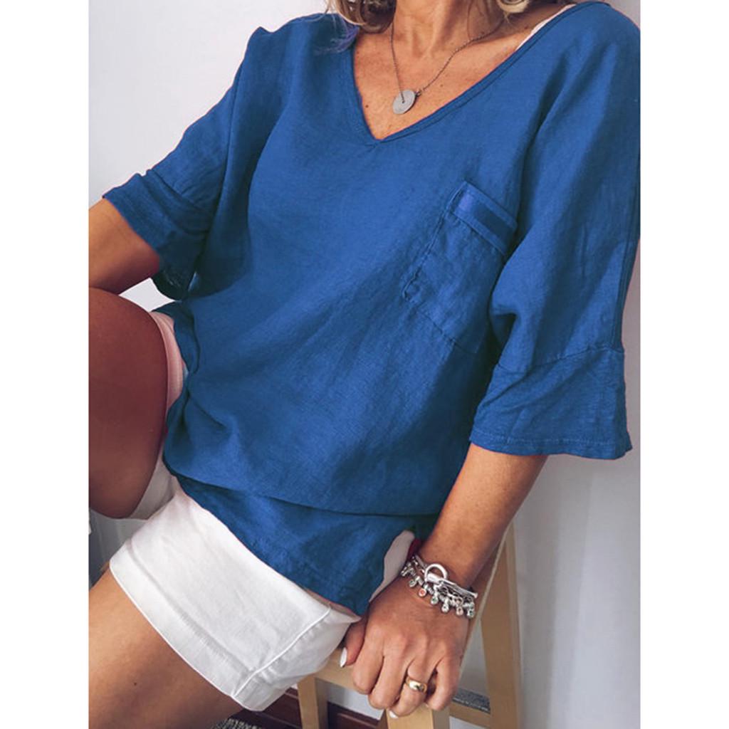 Buy Womens Summer Top Blouse V Neck Short Sleeve Pockets Casual T Shirt ...