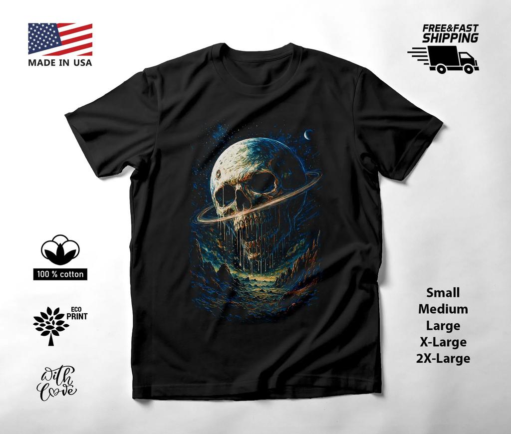Cosmic Ringed Skull T-Shirt Black Unisex S-2XL