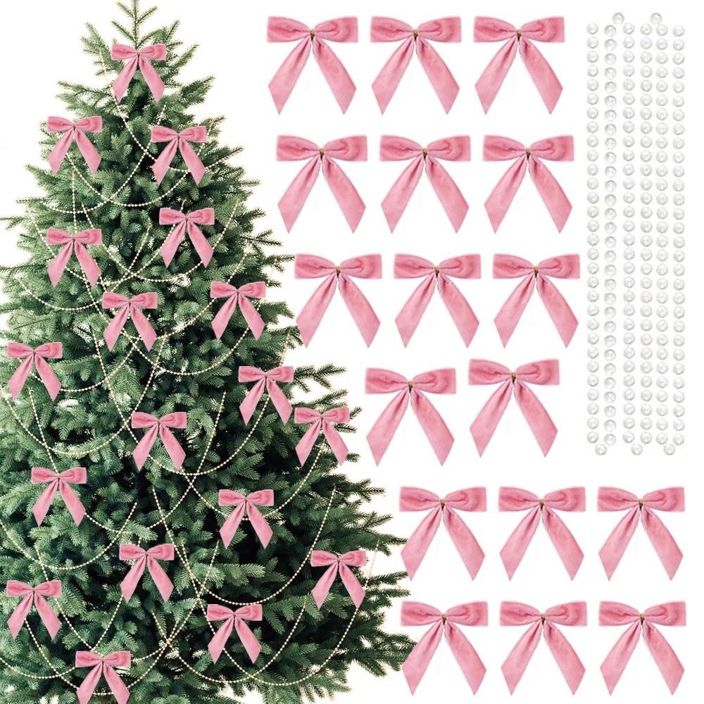 24PCS with Pearl Chain Christmas Tree Bows Velvet Wreath Bows Decoration Xmas Party