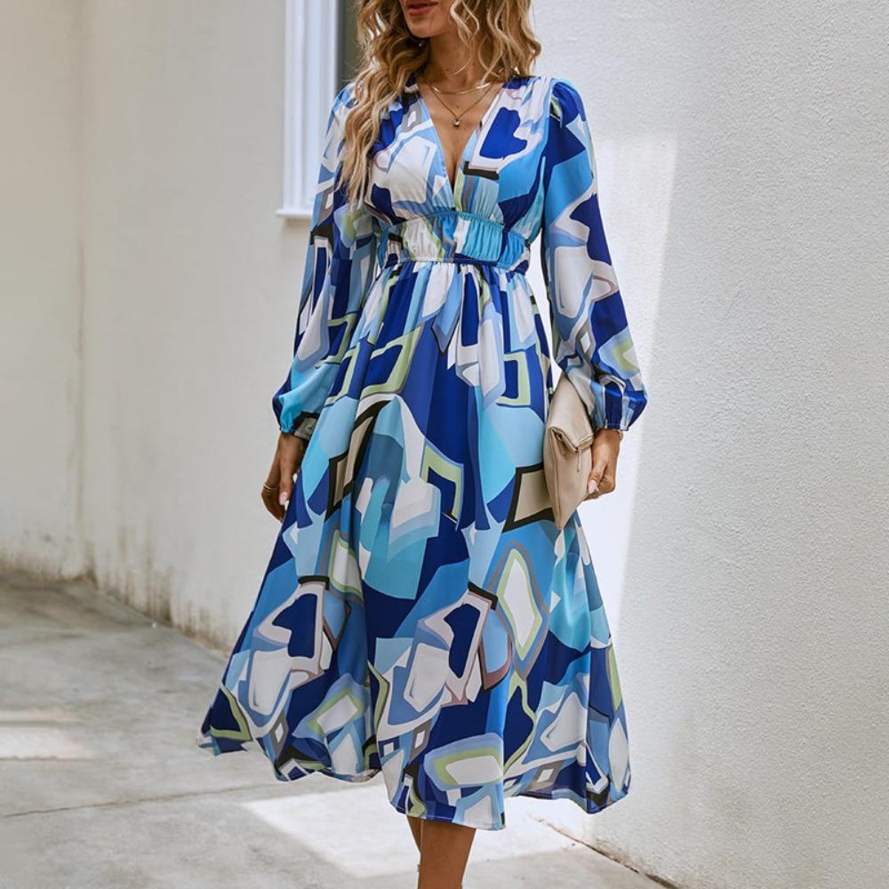 Women s V Neck Long Sleeve Printed Midi Dress Slim Fit Mid Rise Bohemian Dress S