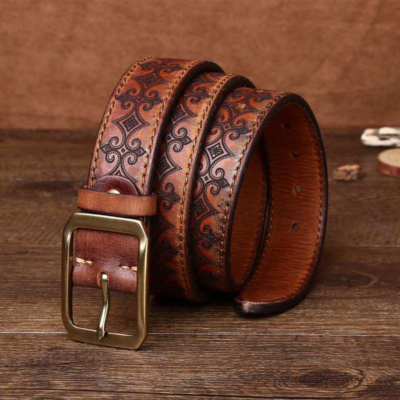 Belt Men's Copper Pin Buckle Thickened First Layer Cowhide Men's Genuine Leather Retro Engraved Export Belt Locomotive Men's Models