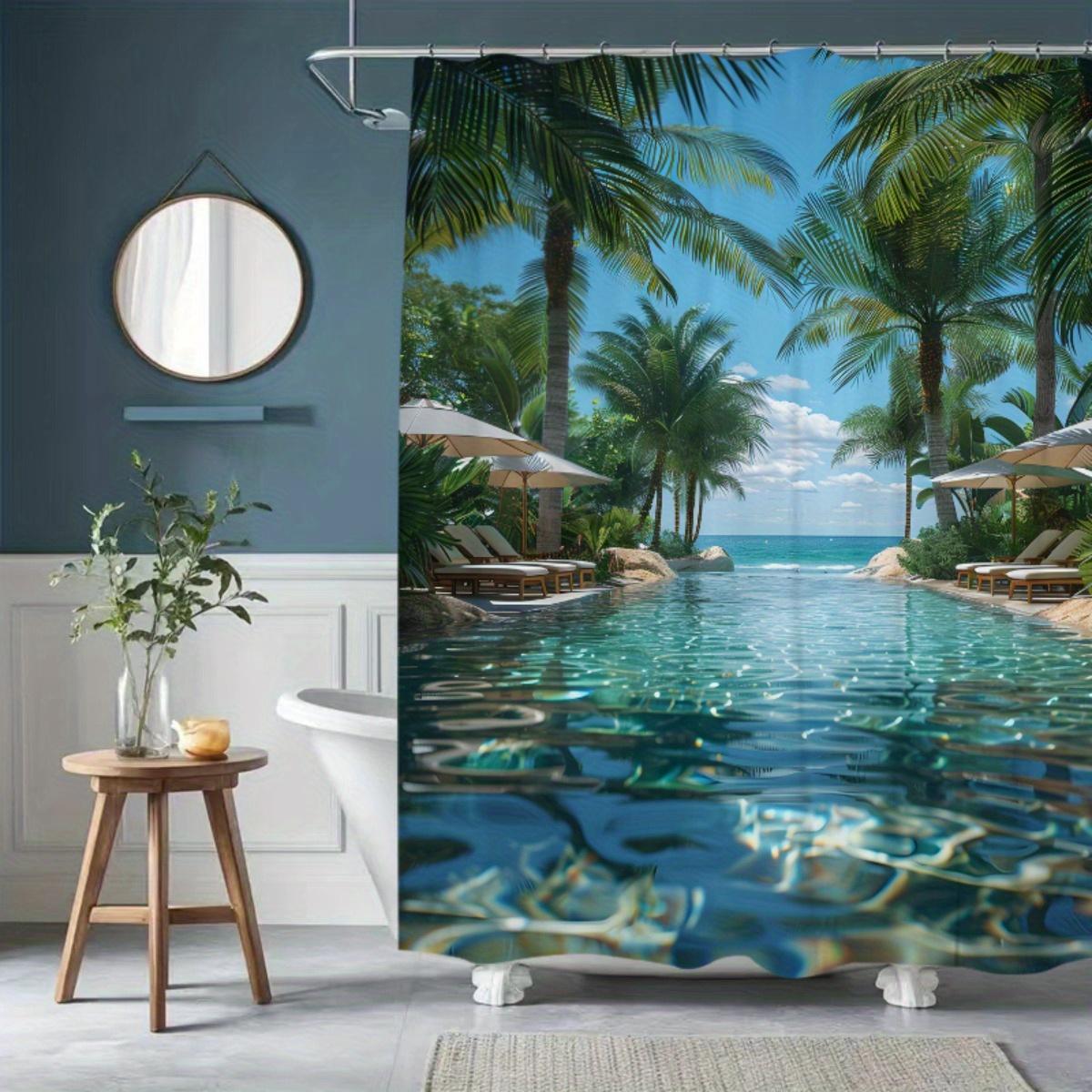 

1Pc Tropical Beach & Pool Scene Polyester Shower Curtain - Vibrant Palm Trees, Ocean View Bathroom Decor, Machine Washable No-Dr W60H190(CM)-1 Pcs