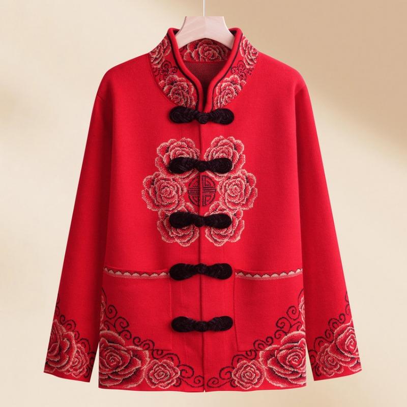 Middle Aged Woman Grandma Spring Coat Old Lady Autumn and Winter Natal Year Mother Dress Red Sweater Piled and Thickened