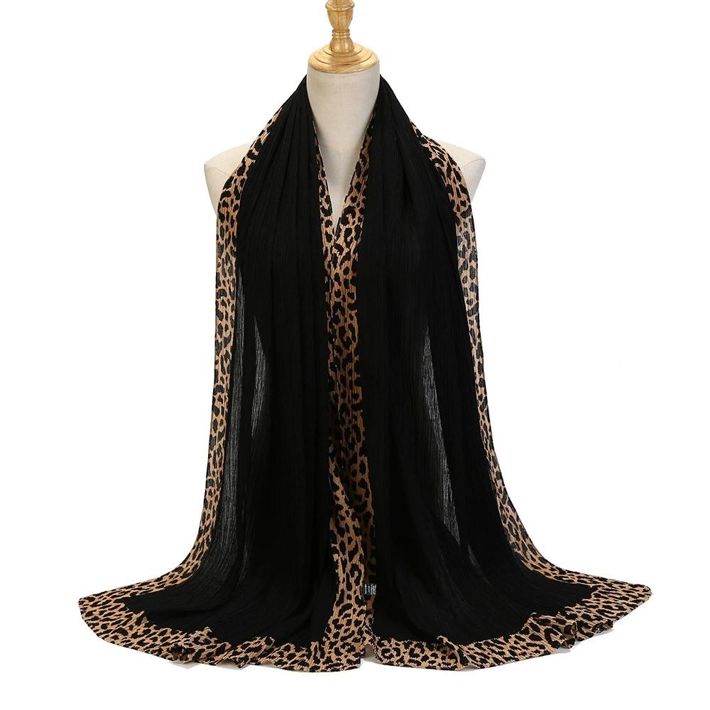 Malaysia Dubai Leopard Embellished Wrinkled Sarf for Women Veil Scarves