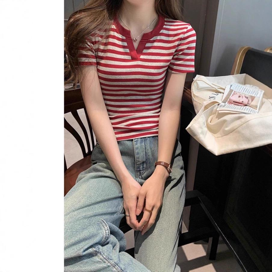 Spicy Girl Striped Color Block Short Sleeve Polo - Women's Summer Slimming Versatile Top
