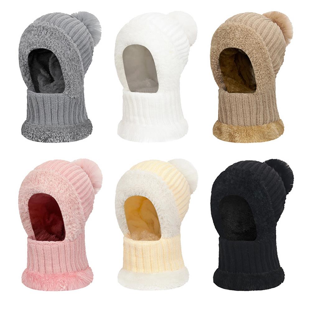 Women Winter Balaclava Hat Mask Neck Integrated Ear Protection Knitted Wool Hooded Cap Fleece Lined Windproof Wool Knit Ski Cap
