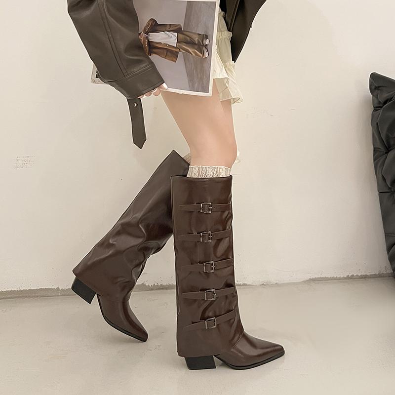 Fashion Pointed Toe Women Knight High Boots Designer Belt Buckle Platform Heel Shoes Autumn Winter Thick Heel Ladies Long Booties