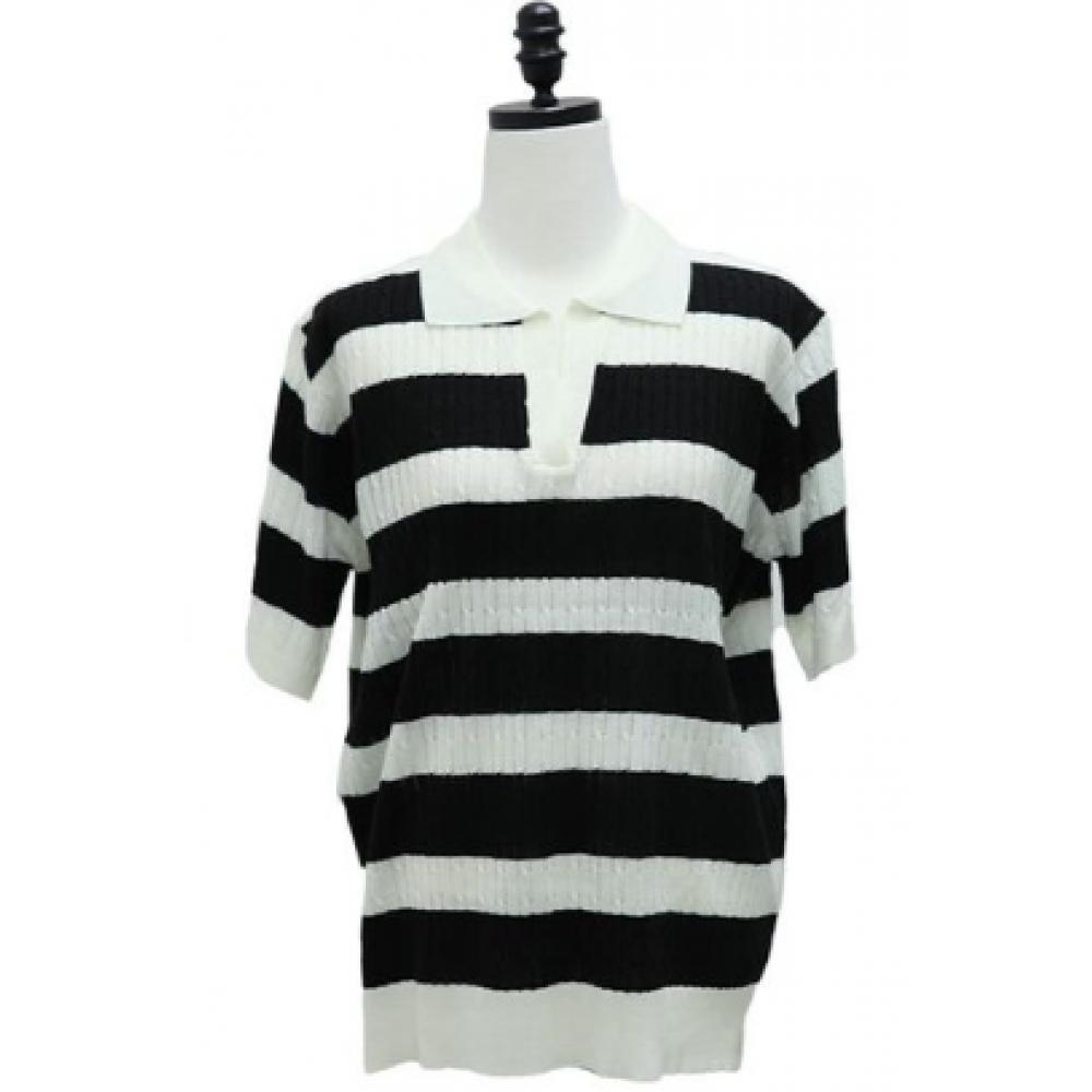Shiz Madam Knit Collar Tee Stripe Color Block T57118