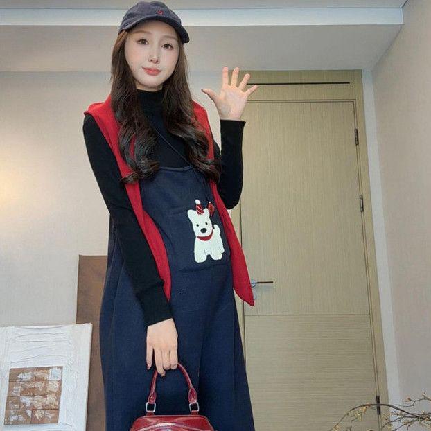 2025 Winter Maternity Wear: Knit Base Layer & Cute Cartoon Overalls Two-Piece Set L (110-125 lbs)