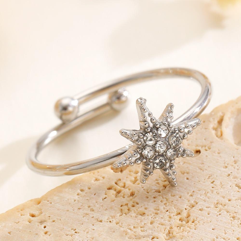 Retro Charm Sparkling Full Zircon Sun Flower Start Adjustable Opening Ring for Women Stainless Steel Finger Jewelry Accessories