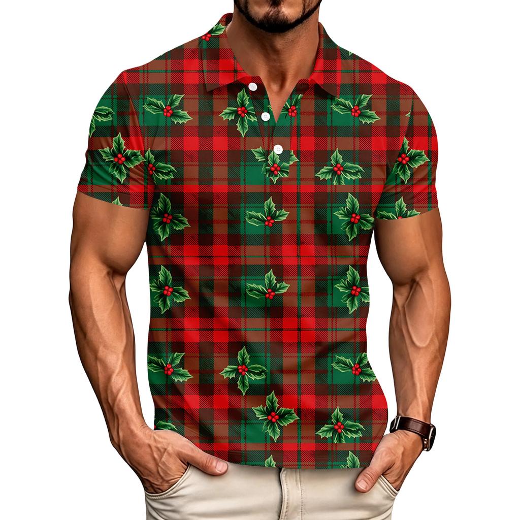 Men's Casual Short Sleeve Shirt with Christmas Print and Loose Fit for Holiday