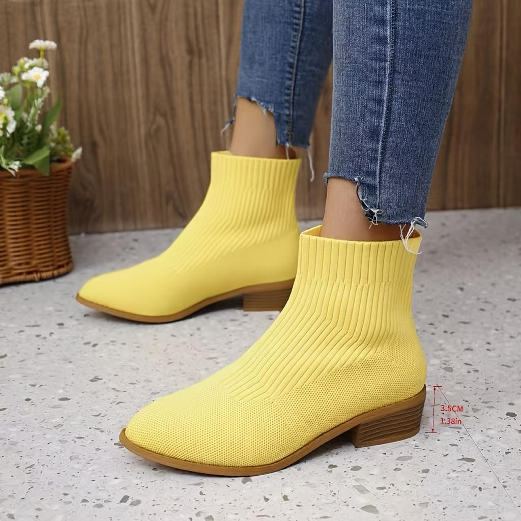 Women's Retro Chunky Heel Slip-Resistant Knit Booties - Vibrant Yellow & Mustard-Yellow All-Season Comfortable Round-to-Pointed Toe Ankle Boots