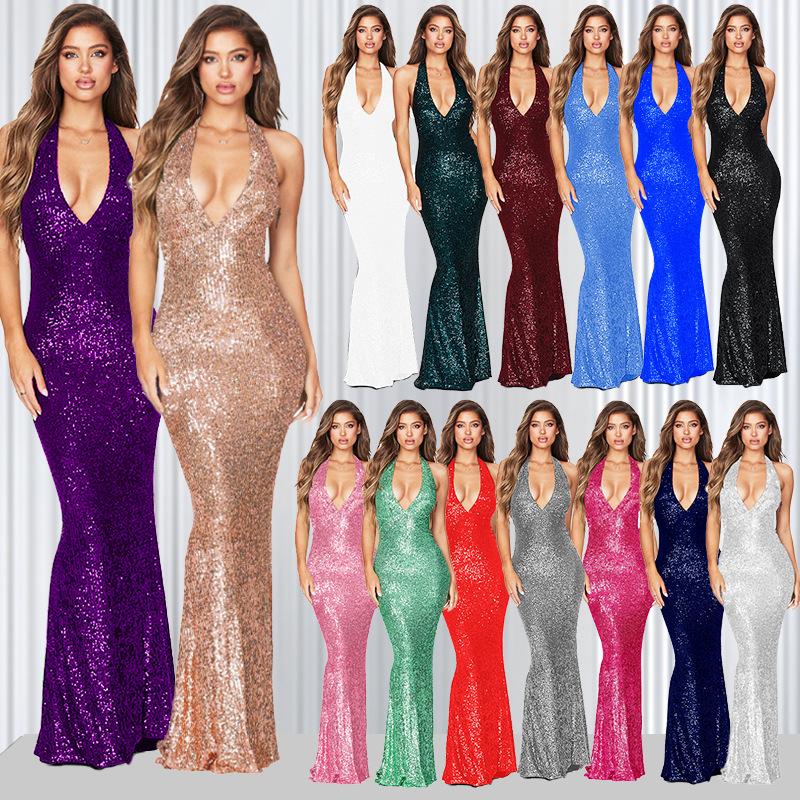 European and American women's deep V sleeveless halter dress, pure and alluring style spicy girl mermaid French dress