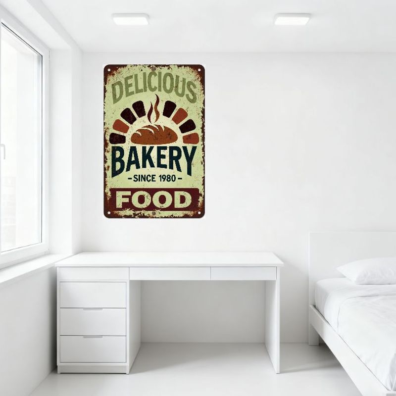 Vintage Rustic Metal Tin Sign, Delicious Bakery Since 1980, Bread Illustration, Food Decor for Home Cafe Bar Restaurant Man Cave