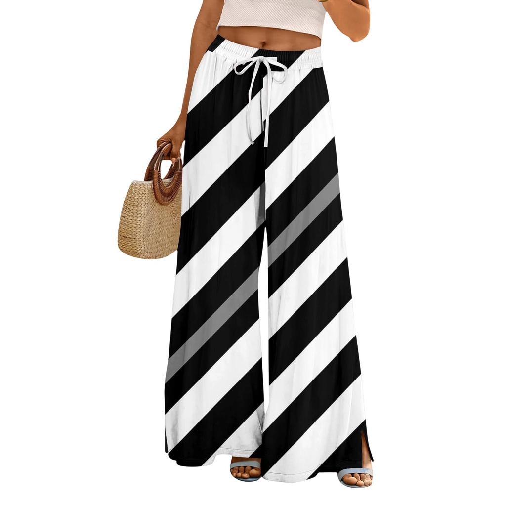 Women's Wide Leg Pants With Elastic Waistband Printing Large Pockets Patchwork Edge, Loose Pants