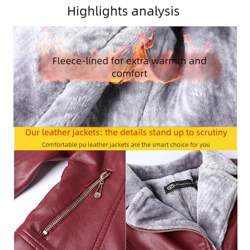Winter Women's Fleece Leather Jacket Thick Warm PU Leather Jacket Slim Turn Down Collar Flocked Plus Size Leather Coat