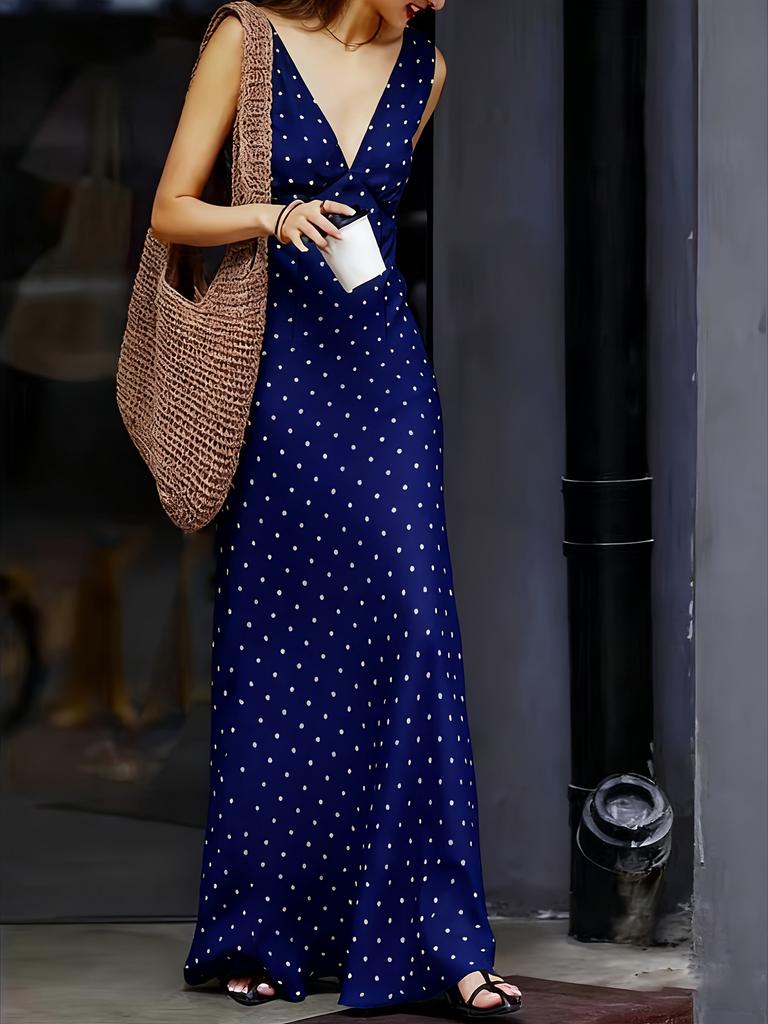 Women Sleeveless V Neck Polka Dot Print Maxi Dress Solid Color Casual Beach Dress