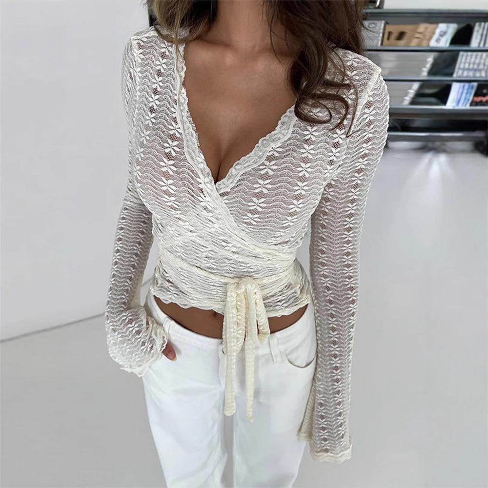 

Кружевная футболка Футболка с длинным рукавом Многофункциональная Повседневная Приталенная Блузка S белый