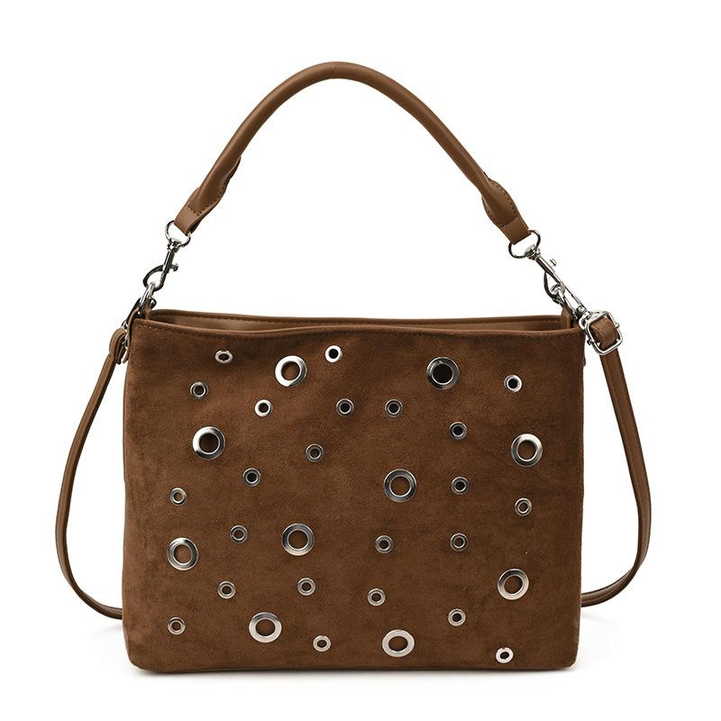 

Hollow Studded Shoulder Bags for Women Faux Suede Patchwork Handbags Luxury Rivet Tote Women Bag Bucket Bags Shopper Purses