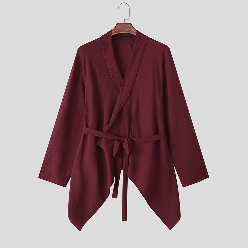 

INCERUN Весна Мужские V-образный вырез Длинный рукав Необычные Рюши Готика Повседневные Топы Рубашки XL красный