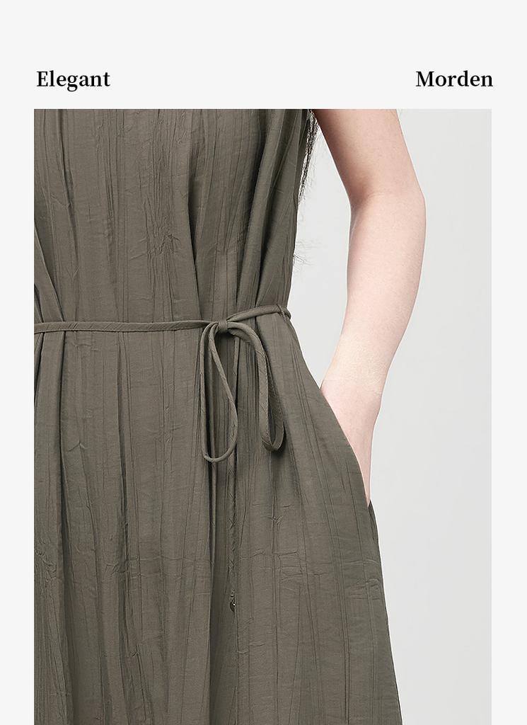 Korean Style Minimalist and High-end Solid Color Dress with Loose Small Stand Up Collar and Sleeveless Long Skirt