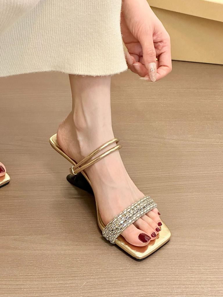 Delicate Ernie! Temperament Square Head Rhinestone with Two Words, Wearing Slope Heel Sandals for Women's 2025 Summer Open-toed Sandals