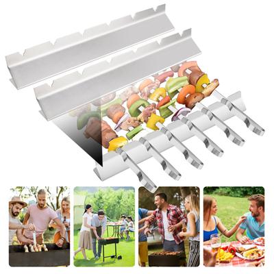 2 Stück Spießhalter, V-förmig, 6 Schlitze, lebensmittelechter Edelstahl, multifunktionale Utensilien, wiederverwendbar, Grill, Kebabs, Spieße, Racks, Set, BBQ