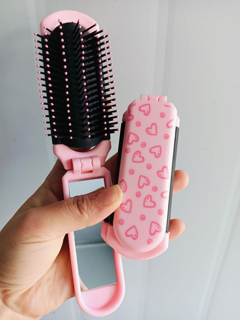 Portable Folding Air Cushion Brush with Mirror in Pink, Pocket-Size Comb for Scalp Massage & Styling