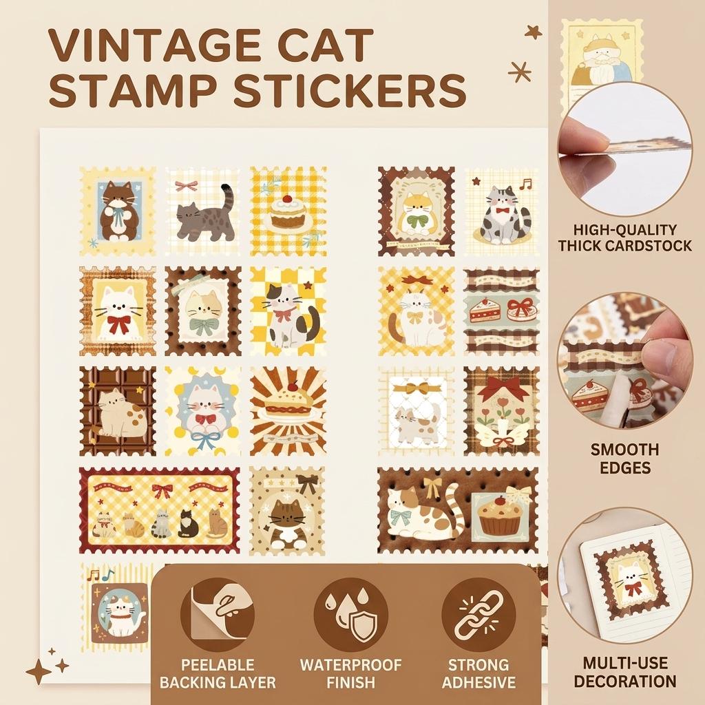 Vintage Cat Stamp Stickers for Journal Decoration with Strong Adhesive and Waterproof Feature