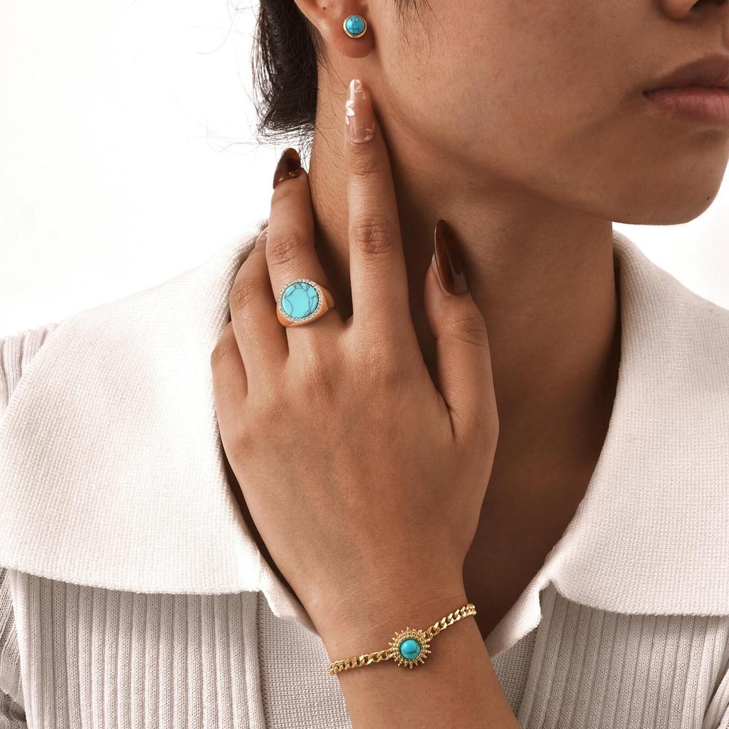 Natural Stone Turquoises Bracelets For Women, Stainless Steel Link Hand Chain Wristband,18k Gold Plated Bracelet Set Jewelry