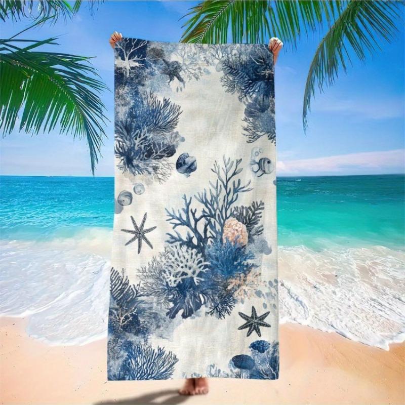 

1pc Oversized Microfiber Beach Scarf Ocean Print (starfish, coral & shells) Quick-Dry Lightweight Sand-Free Sun Protection Wrap W40*H60(CM)