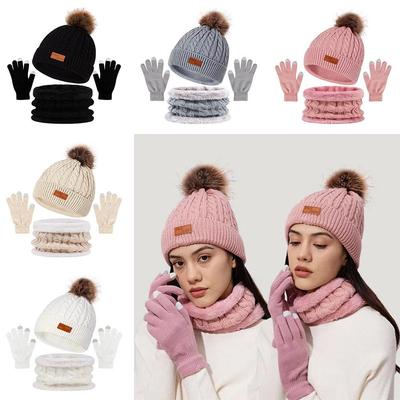 Winter Beanie Hat with Pom Thickened Touchscreen Gloves Korean Women's Beanies Scarf Gloves Set