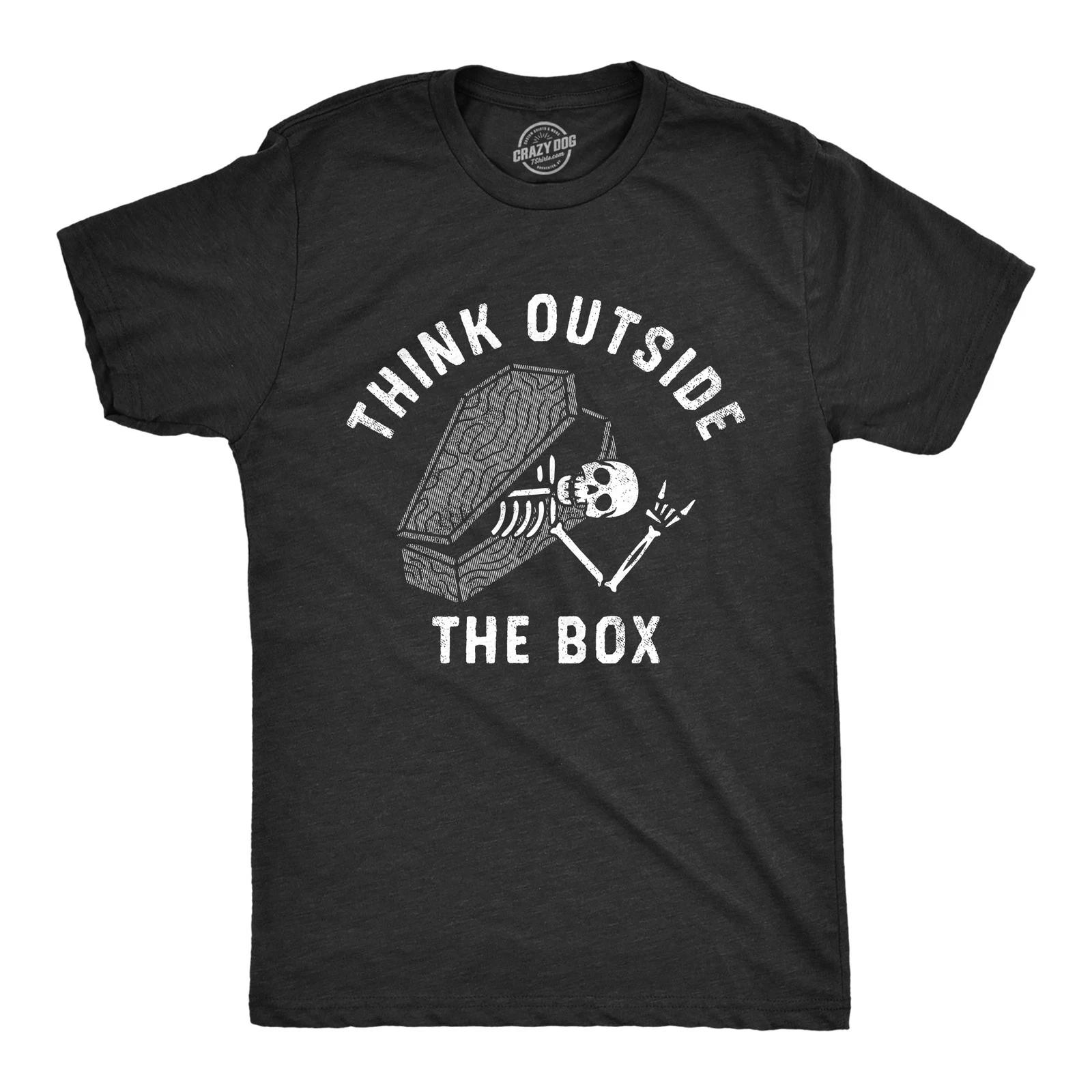 Mens Think Outside The Box T Shirt Funny Halloween Grave Coffin Joke Tee for L