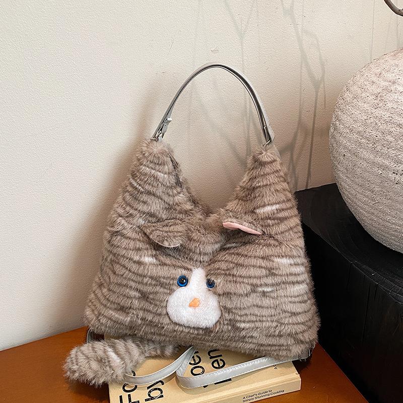 

Korean Style Plush Cute Cat Underarm Bag for Women New Winter Handbag Shoulder Bag, Large Capacity Backpack Commuting Totes Bags сірий колір