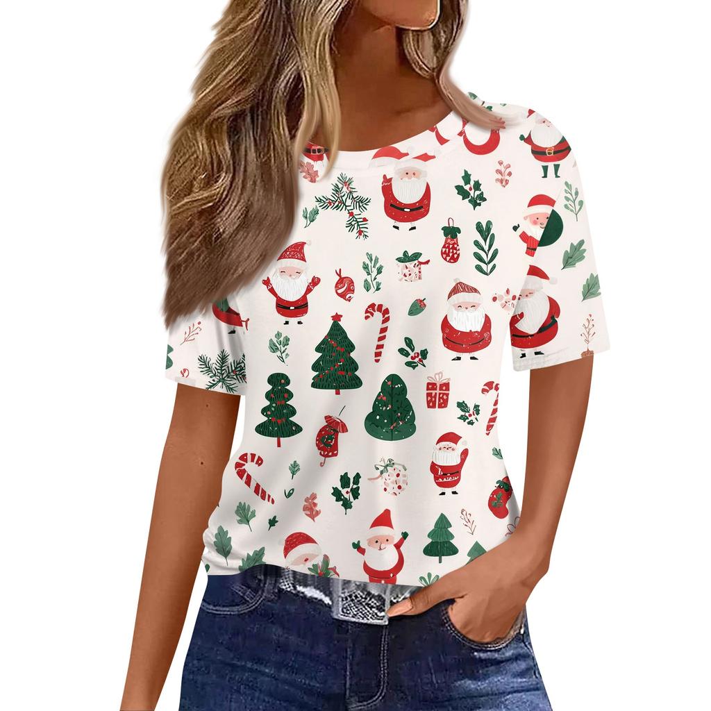 Women's Fashionable Casual Short Sleeve Christmas Print Round Neck Pullover Top
